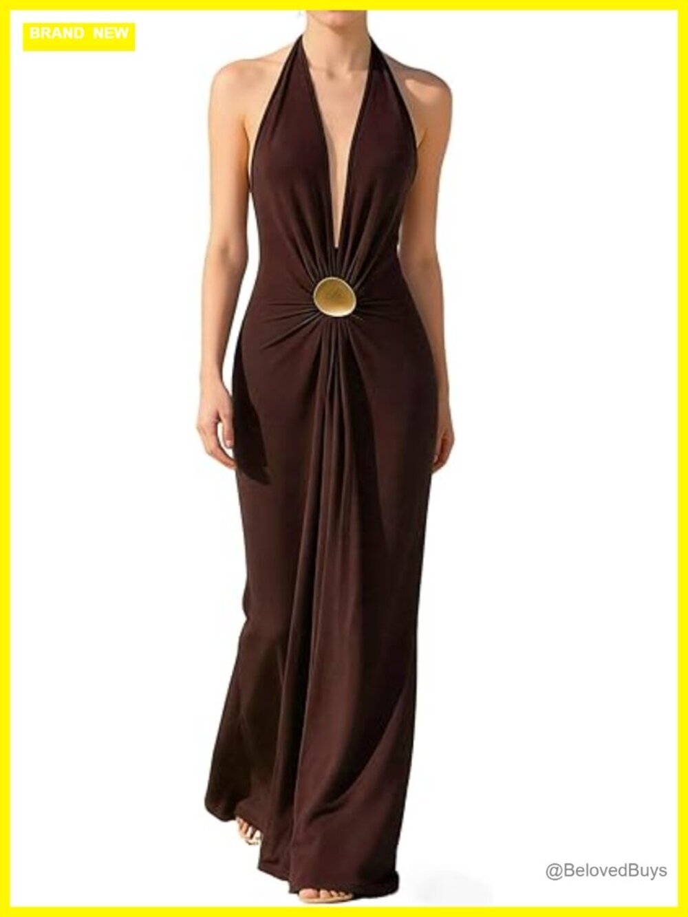 Deep V Neck Halter Maxi Dress Backless Bodycon Stretchy Polyester Blend Summer